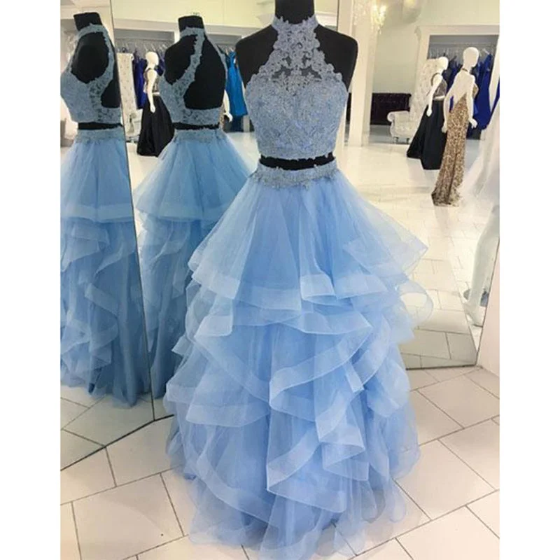 Online Impressions Boutique Halter Blue Crop Top Senior Prom dresses Long Tiered Two Pieces Girls Formal Graduation outfit 2020