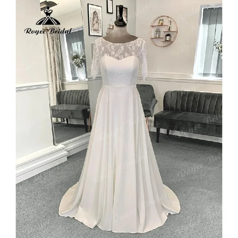 Preppy Style Robe Mariee A Line Boho Lace Bodice Soft Satin Wedding Gown with Short Sleeve 2024 Bridal Wedding Dress vestido de noiva simples