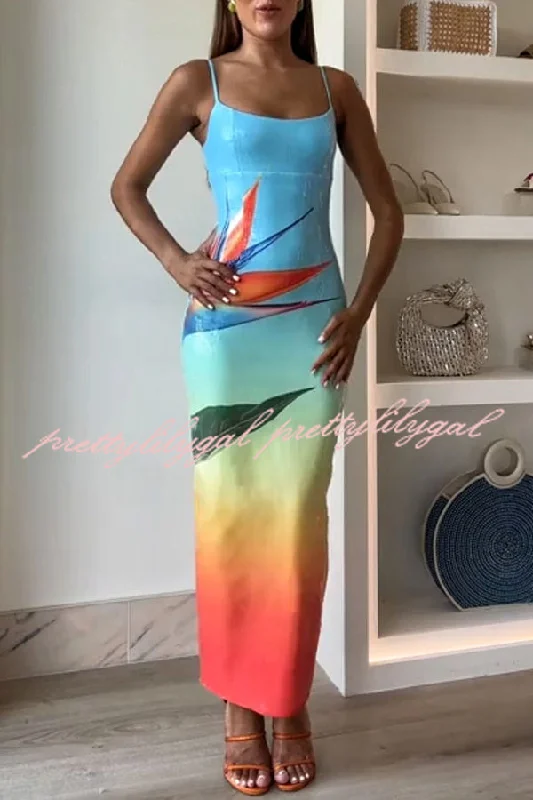 Big Sale Event Dreamy Dreamy Sequin Unique Floral Gradient Print Slit Stretch Maxi Dress