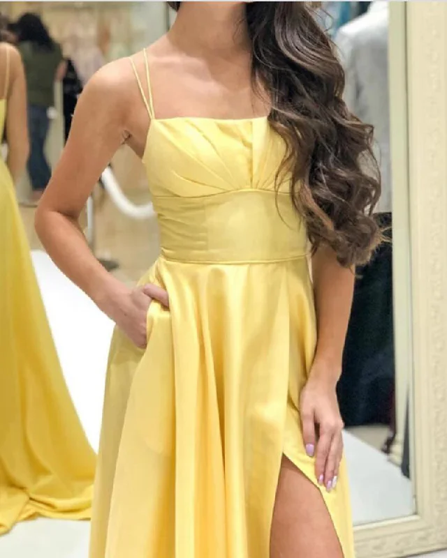 High Street Women’s Fashion for Trendy Shoppers Yellow Formal Evening Gowns With Straps Girls Senior Prom Wear with High Split