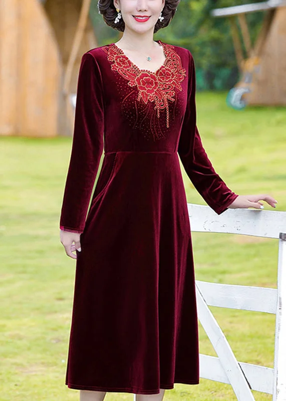 Online Boutique Stores Natural Wine Red O-Neck Floral Patchwork Silk Velour Long Dress Fall