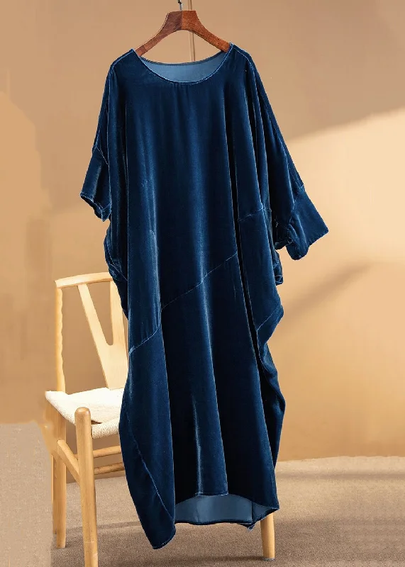 Limited-Time Markdowns On Stylish Wardrobe Essentials Loose Navy O Neck Asymmetrical Patchwork Silk Velour Dresses Fall