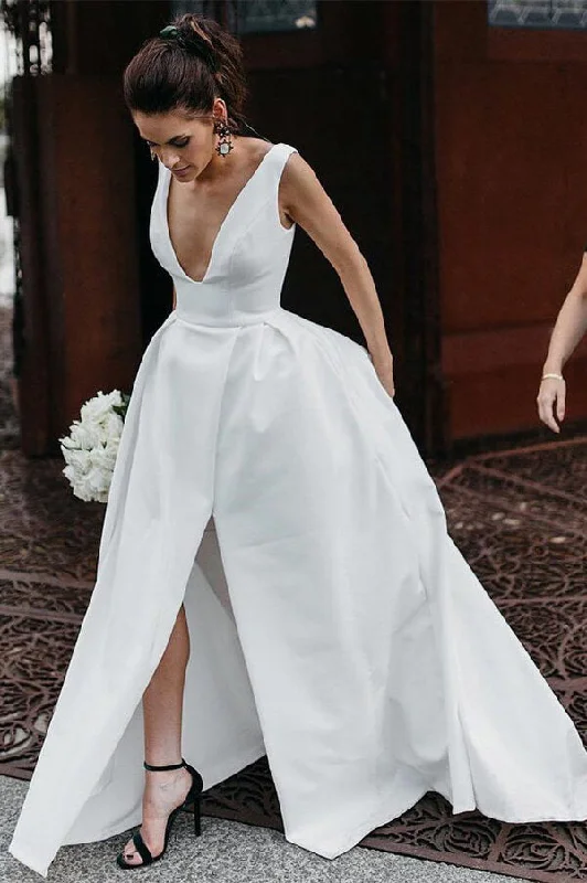 Fashion Forward Roycebridal Simple Ivory Satin A-line V-Neck Wedding Dresses with Pockets, MW537