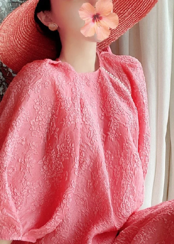Limited Time Deal Loose Red O-Neck Floral Silk Maxi Dresses Puff Sleeve