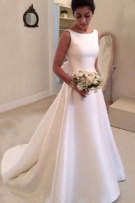 Wardrobe Update Roycebridal Satin Boat Neck Sleeveless Deep V Back Wedding Dresses With Sweep Train, MW112