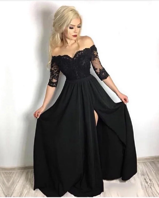 Holiday Discount Fancy Black Half Sleeves lace Long Party Formal Prom Dresses for Girls with Slit