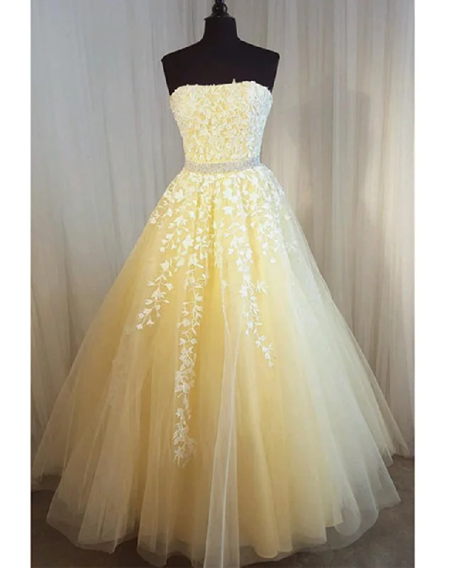 Clothing For Women Strapless Yellow Lace and Tulle Girls Long Prom Dresses with Beading Belt