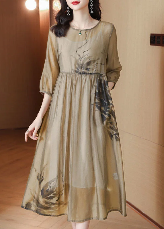 Women's Vacation Attire Classy Khaki Oversized Tie Dye Silk Dress Bracelet Sleeve