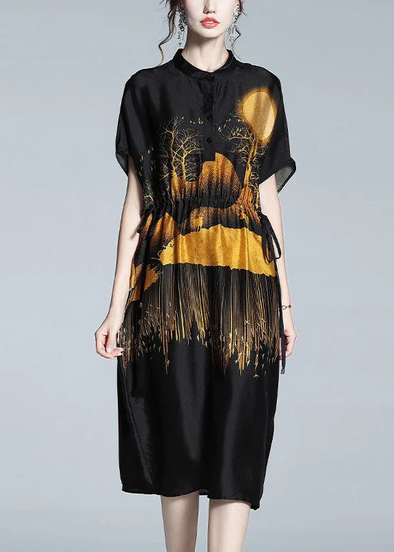 Affordable Elegance – Best Deals On Women's Fashion Boutique Black Stand Collar Print Drawstring Silk Dresses Summer