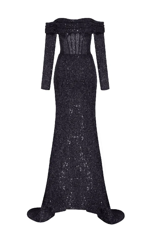Classic Women's Fashion Elegant black off-the-shoulder sparkling maxi dress