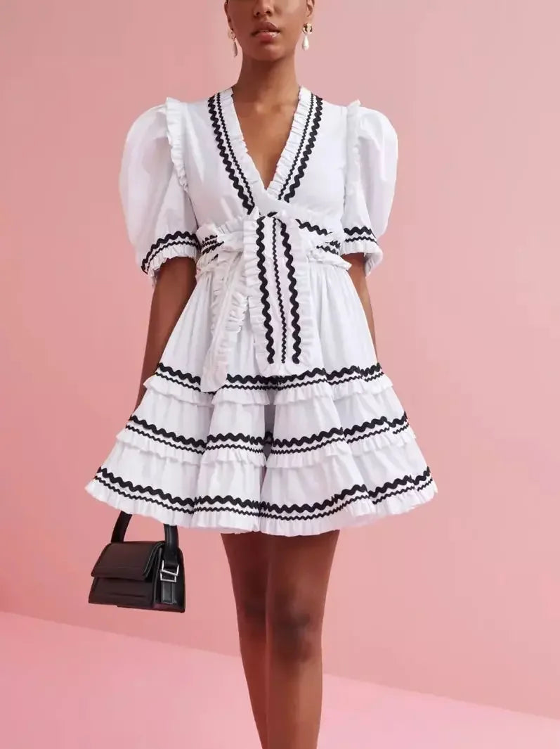 Innovate Your Wardrobe Belted V-Neck A-Line Mini Dress in White and Black