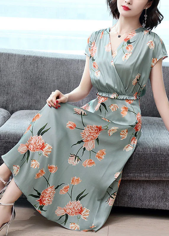 Don't Miss Out Style Light Green Cinched Print Silk Vacation Dresses Summer