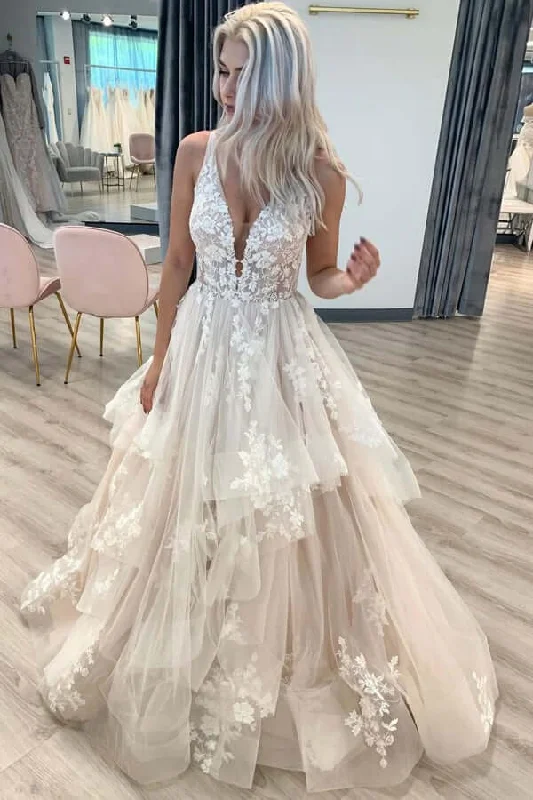 Clothes Women Roycebridal Tulle A-line V-neckline Lace Appliques Floor Length Wedding Dresses, MW832