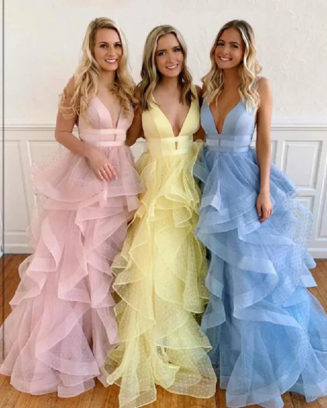 Trendy Women’s Apparel for All Seasons PL5748 Plunge V Neck Dot Tulle girls Prom Dresses Long formal Graduation Gown