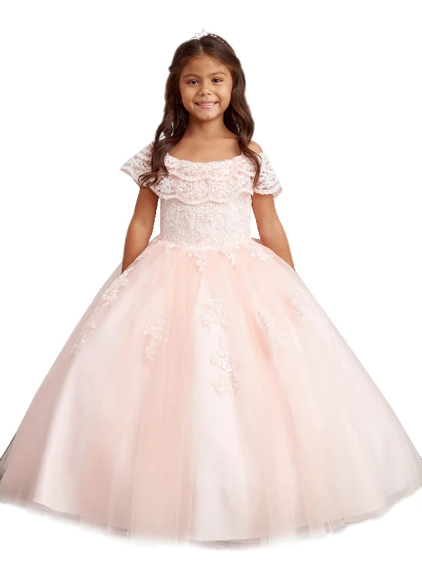 Designer Women’s Fashion Online Little Girls Blush Double Layer Lace Overlay Off Shoulder Pageant Dress 2-6
