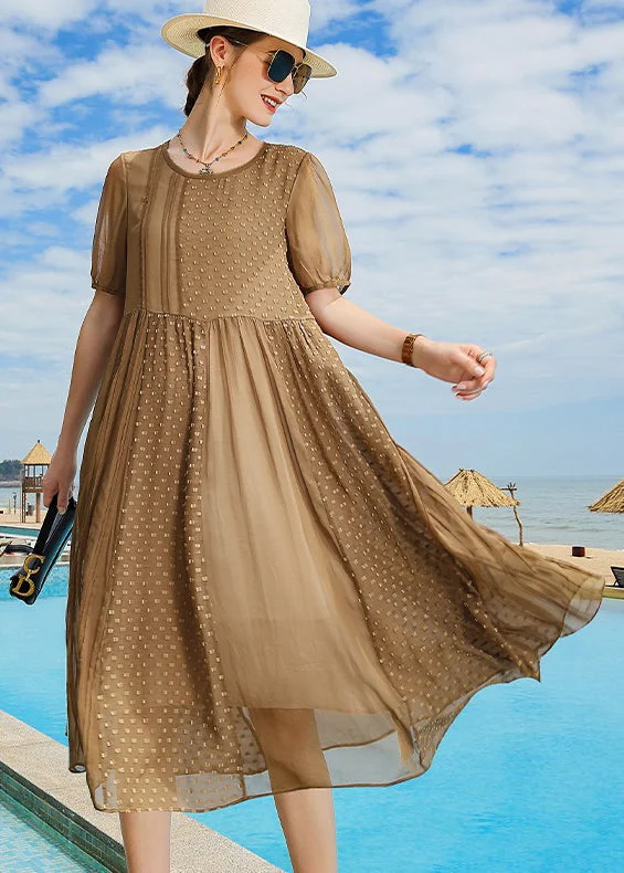 Premium Women's Wear At Limited-Time Offers Chic Brown O Neck Wrinkled Patchwork Silk Vacation Dresses Summer