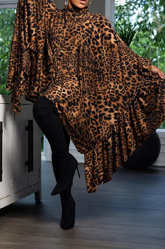 Fashion Frontiers Leopard Print Whimsical Batwing Sleeve Mini Dress