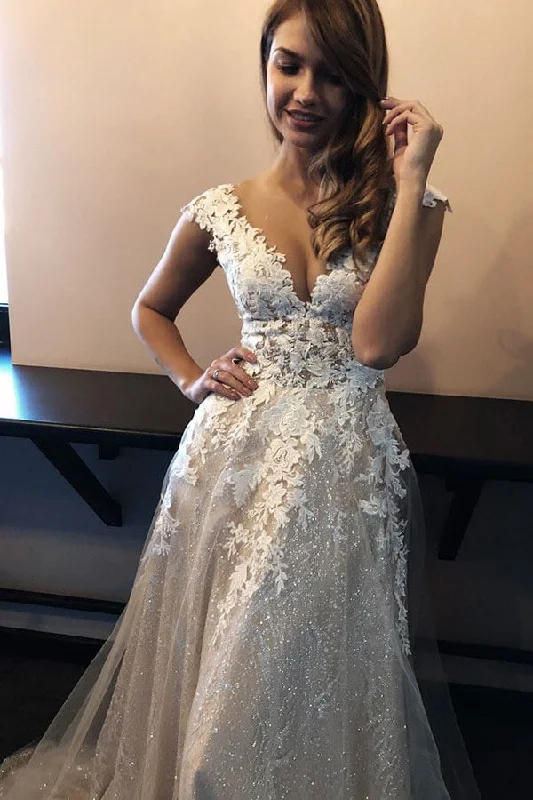 Trend Alert Roycebridal Lace A-line V-neck Sleeveless Sweep Train Wedding Dress, Bridal Gowns, MW542