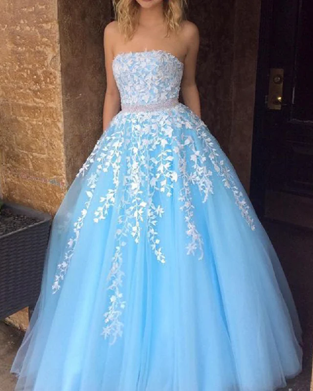 Affordable Women’s Clothing Sale Online Sweet Baby Blue Strapsless Lace Tulle Girls Senior Prom Dress 2022 with Beading Belt PL01231