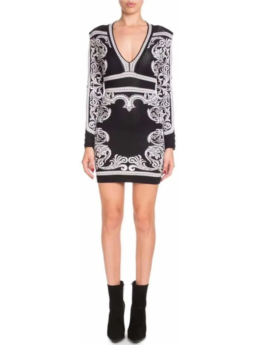 Comfort Centric Apparel Black and White Baroque Stretch Mini Dress