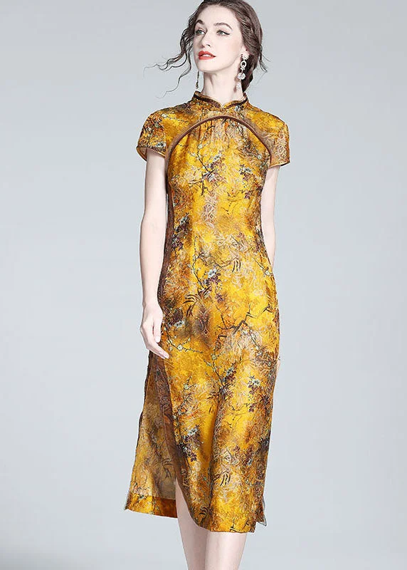 Women's Clothing For Outdoor Activities Elegant Yellow Stand Collar Patchwork Side Open Silk Dress Summer