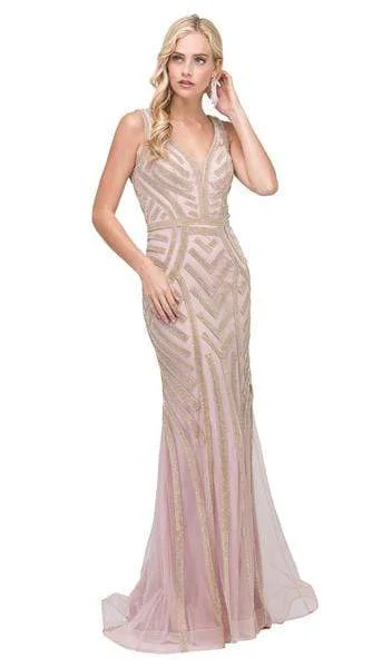 High-Quality Women’s Fashion Dresses Dancing Queen - Beaded Plunging Fitted Prom Gown 2391 - 1 pc Dusty Pink/Gold In Size 3XL Available