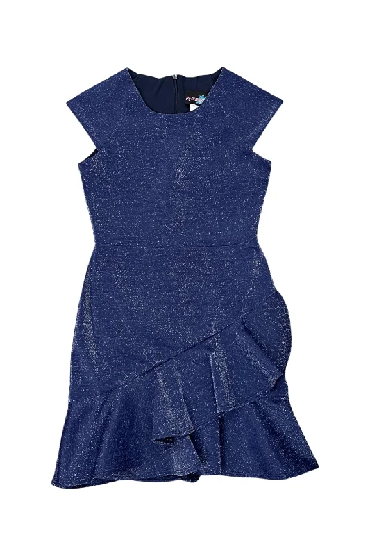 Women's Plus-Size Outfit Navy Sparkle Cap Sleeve Ruffle Front Dress