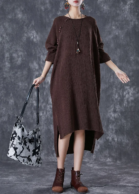 Chic And Affordable Fashion – Limited-Time Offers Chocolate Oversized Linen Dresses Low High Design Batwing Sleeve