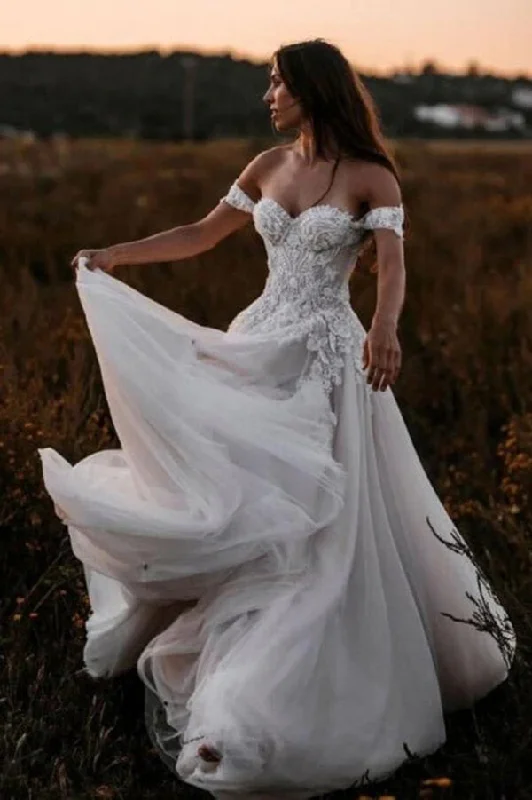 Clothing Sales Roycebridal Tulle A-line Off-the-Shoulder Wedding Dresses With Lace Appliques, MW833