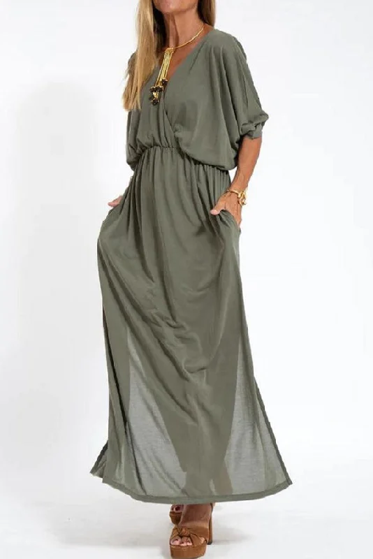 Women Wear Online Ultimate Comfort Elastic Waist Half Sleeve Pocketed Slit Maxi Dress