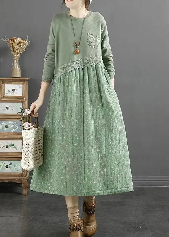 Shop Stylish Fashion At Unbeatable Prices Now Natural Green O Neck Print Lace Patchwork Cotton Dresses Fall