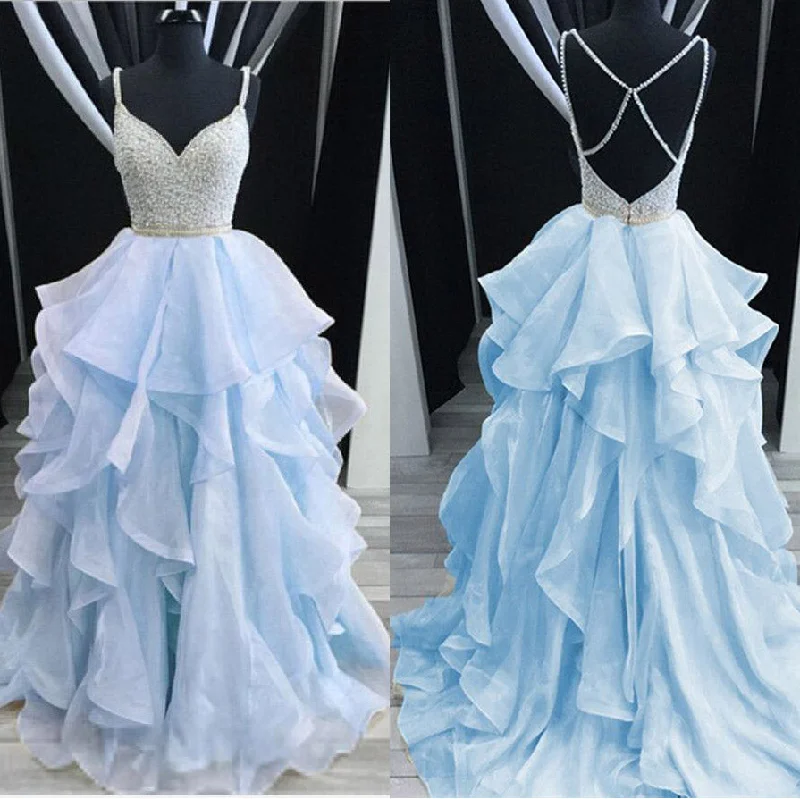 Online Boutiques Dreamy Spaghetti Cross Back Beading Tiered Organza Girls Senior Dresses 2020 Prom Beaded Graduation Gown
