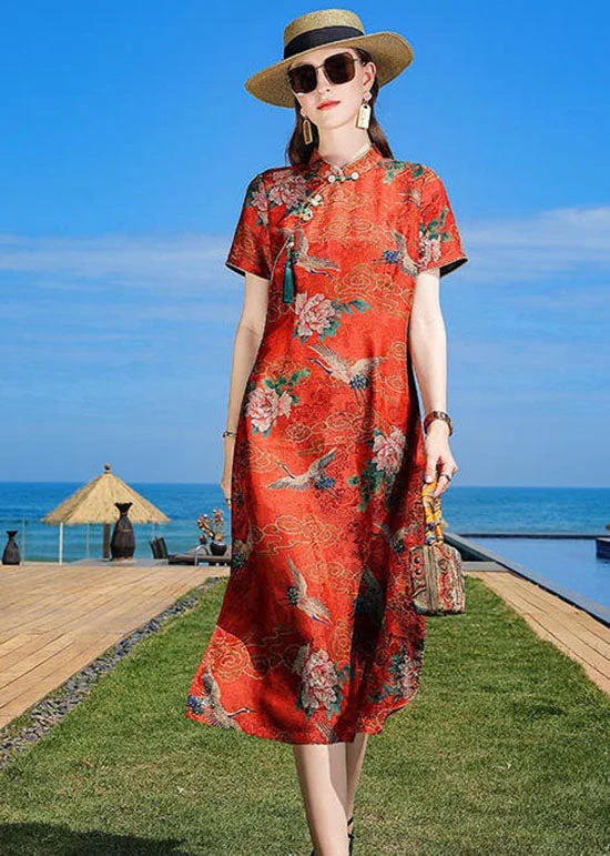 Huge Fashion Markdowns – Update Your Closet Now Oriental Orange Stand Collar Tasseled Print Silk Dresses Summer