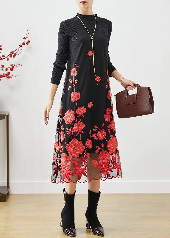Luxury Fashion Red Floral Silm Fit Knit Long Dress Embroideried Fall