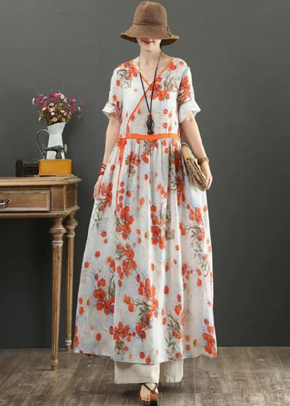 Upgrade Your Wardrobe For Less Women Orange Print Tie Waist Exra Large Hem Cotton Dresses Summer