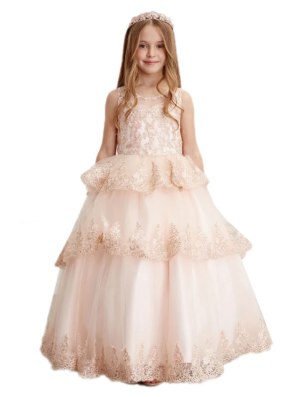Unleash Your Fashion Little Girls Rose Gold Glitter Mesh Overlay V Neck Pageant Dress 2-6