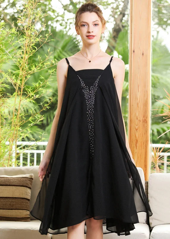 Flirty Fashion Discounts Elegant Black Oversized Diamond Chiffon Spaghetti Strap Dress Summer