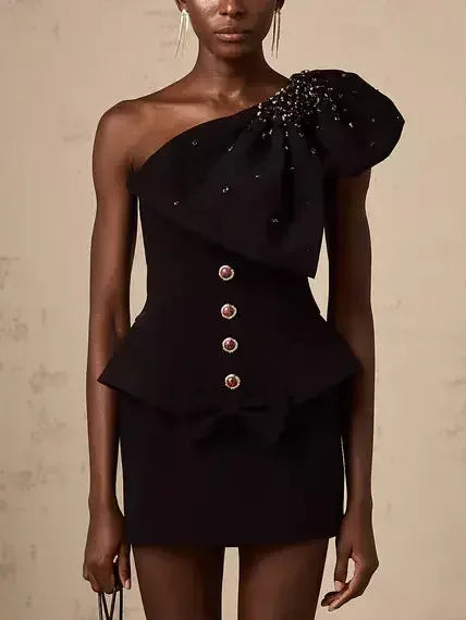 Relaxed Fashion Black One-Shoulder Embellished Bow Peplum Mini Dress