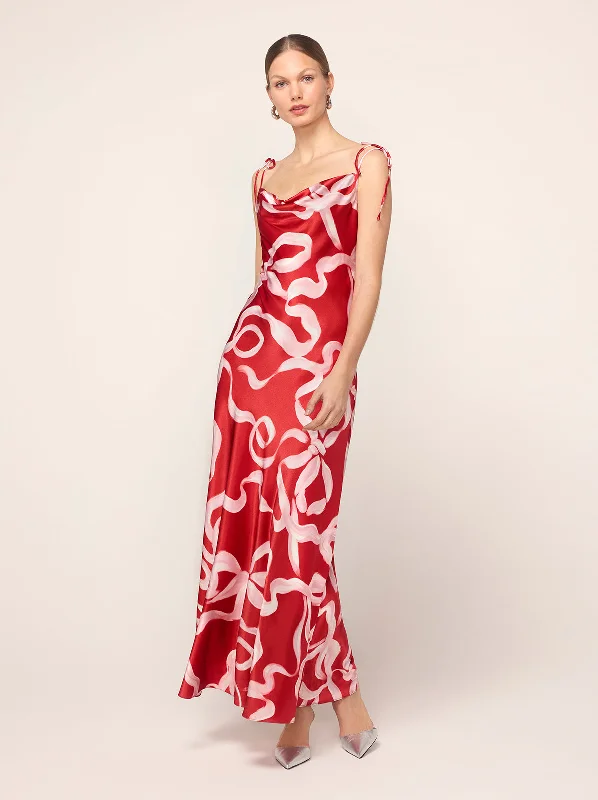Trendy Outfits For Girls Cindy Red Ribbon Print Maxi Dress