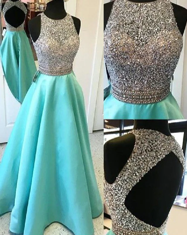 Women's Clothing Online Sale Elegant Keyhole Back O Neck Beaded Rhinestone Aqua Blue Prom Girls Dresses Long