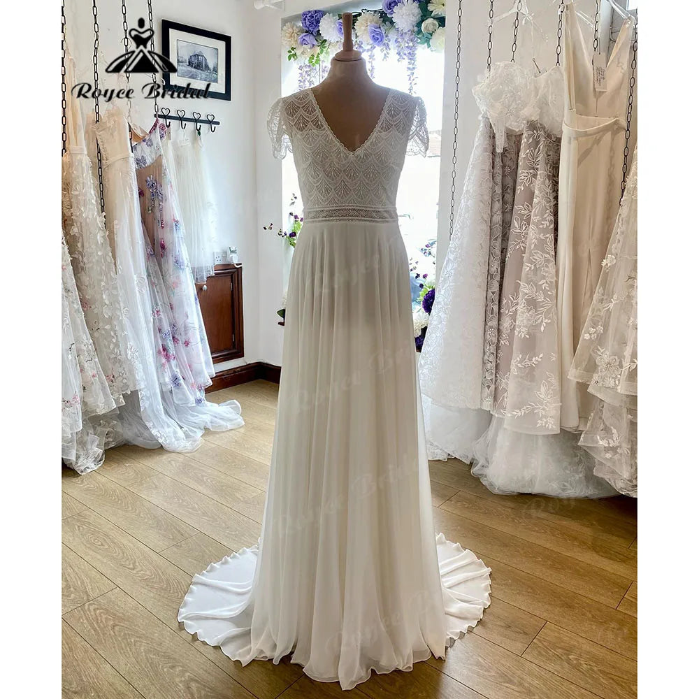 Women's Online Clothing Boutique Brautkleid Bohemian Lace Bodice Chiffon V Neck Wedding Gown for Bride 2024 Boho Wedding Dress with Short Sleeve suknia slubna