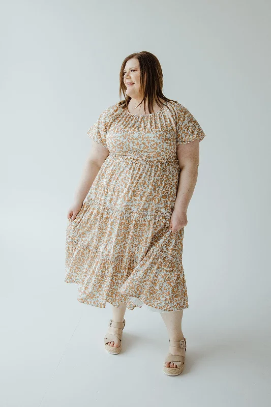 Exclusive Online Sale VINTAGE FLORAL PRINT MIDI LENGTH DRESS IN PAPAYA