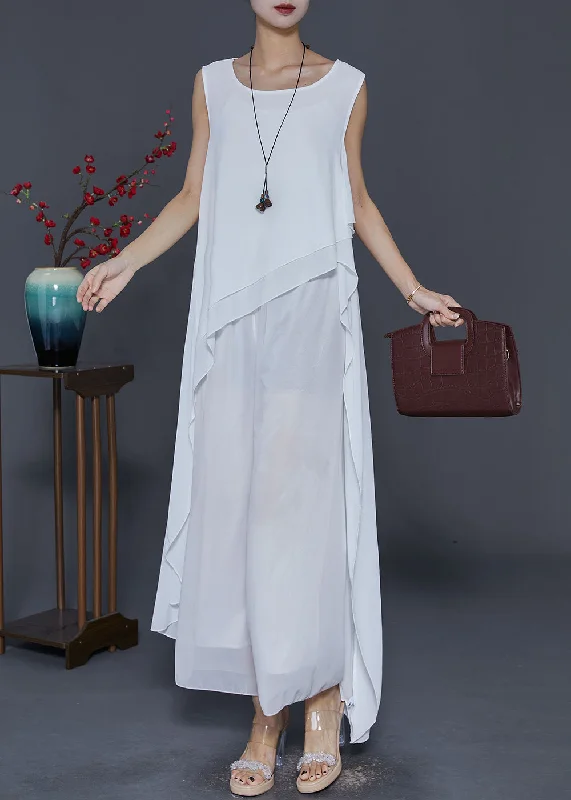 Women's Outerwear Clothing Chic White Asymmetrical Design Draping Chiffon Dresses Summer
