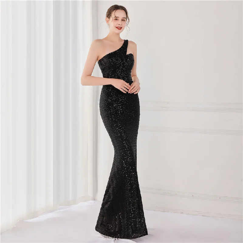 Women's Chic Outerwear Attire Victoria Formal One-Shoulder Charming Sequined Fishtail Dress