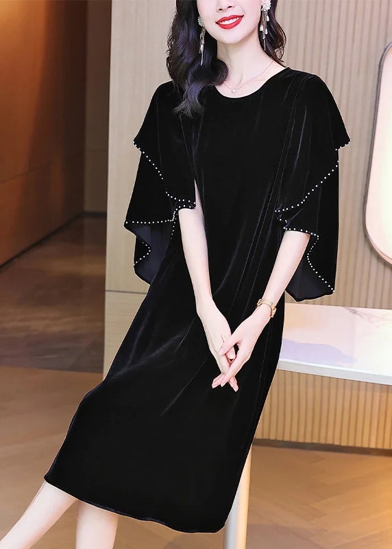 Classic Women's Clothing Styles Style Black O-Neck Ruffled Patchwork Silk Velour Dress Fall