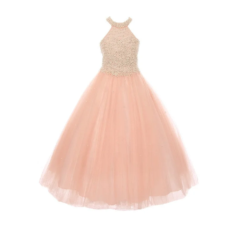 Luxury Women’s Fashion Little Girls Blush Dazzling Halter Neck Party Tulle Flower Girl Dress 4-6