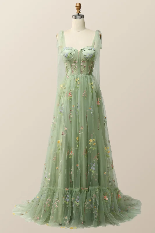 Colorful Clothing Tie Shoulders Green Floral Tulle Long Formal Dress
