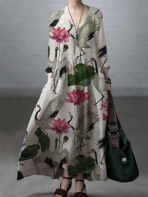 Chic Wardrobe Ivory-crane Simple and Loose V-neck Cotton and Linen Dress