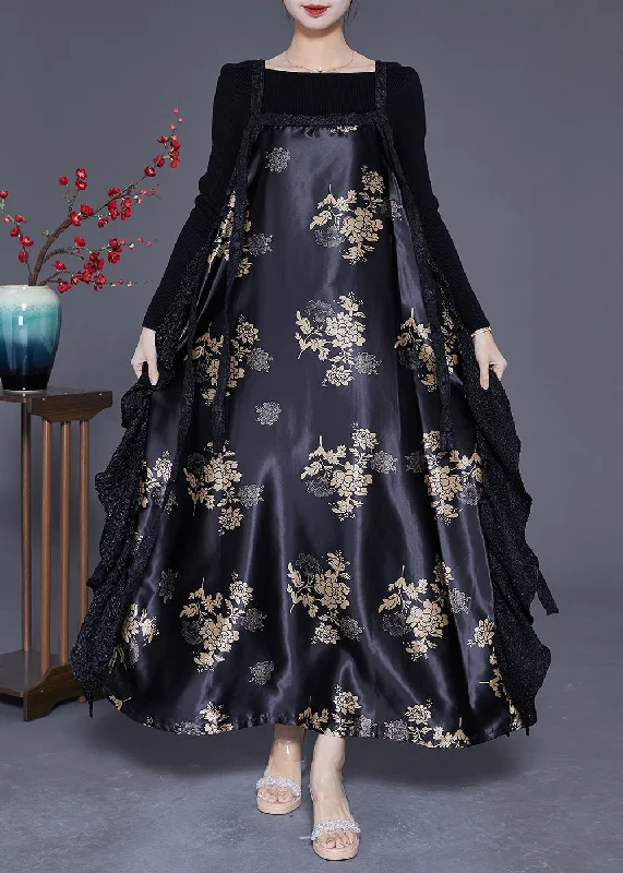 Hot Sale Original Design Black Oversized Patchwork Exra Large Hem Silk Dress Spring