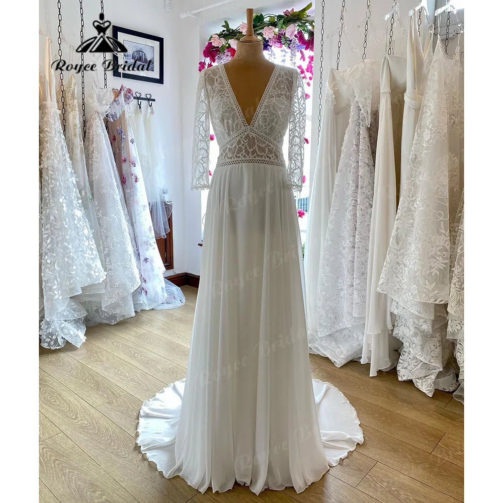 Bundle Offer Elegant Bohemian Long Sleeve V Neckline Lace Bodice Boho Wedding Dress for Women 2024 Robes Civil Wedding Gown for Bride Summer